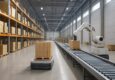 A large warehouse interior with shelves filled with boxes and a robotic arm moving boxes on a conveyor belt.