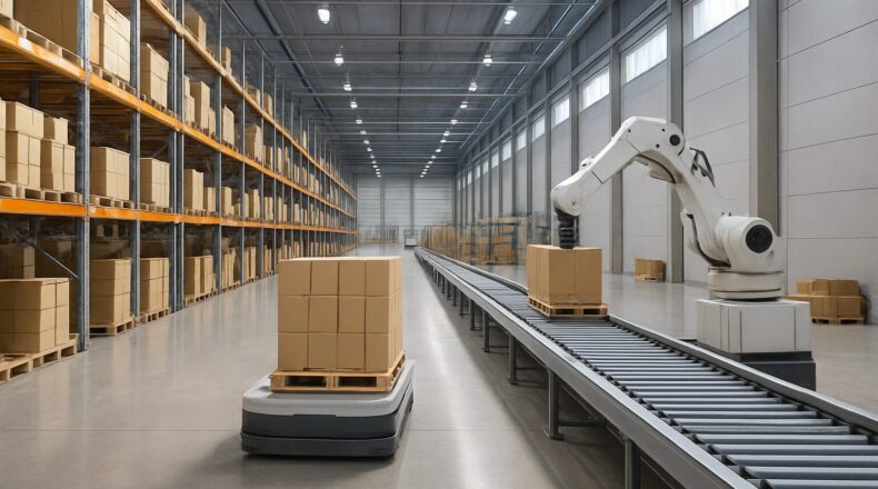 A large warehouse interior with shelves filled with boxes and a robotic arm moving boxes on a conveyor belt.