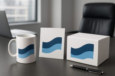 A white coffee mug, a greeting card, and a box with blue wave designs on a table in an office setting.