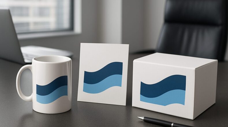 A white coffee mug, a greeting card, and a box with blue wave designs on a table in an office setting.
