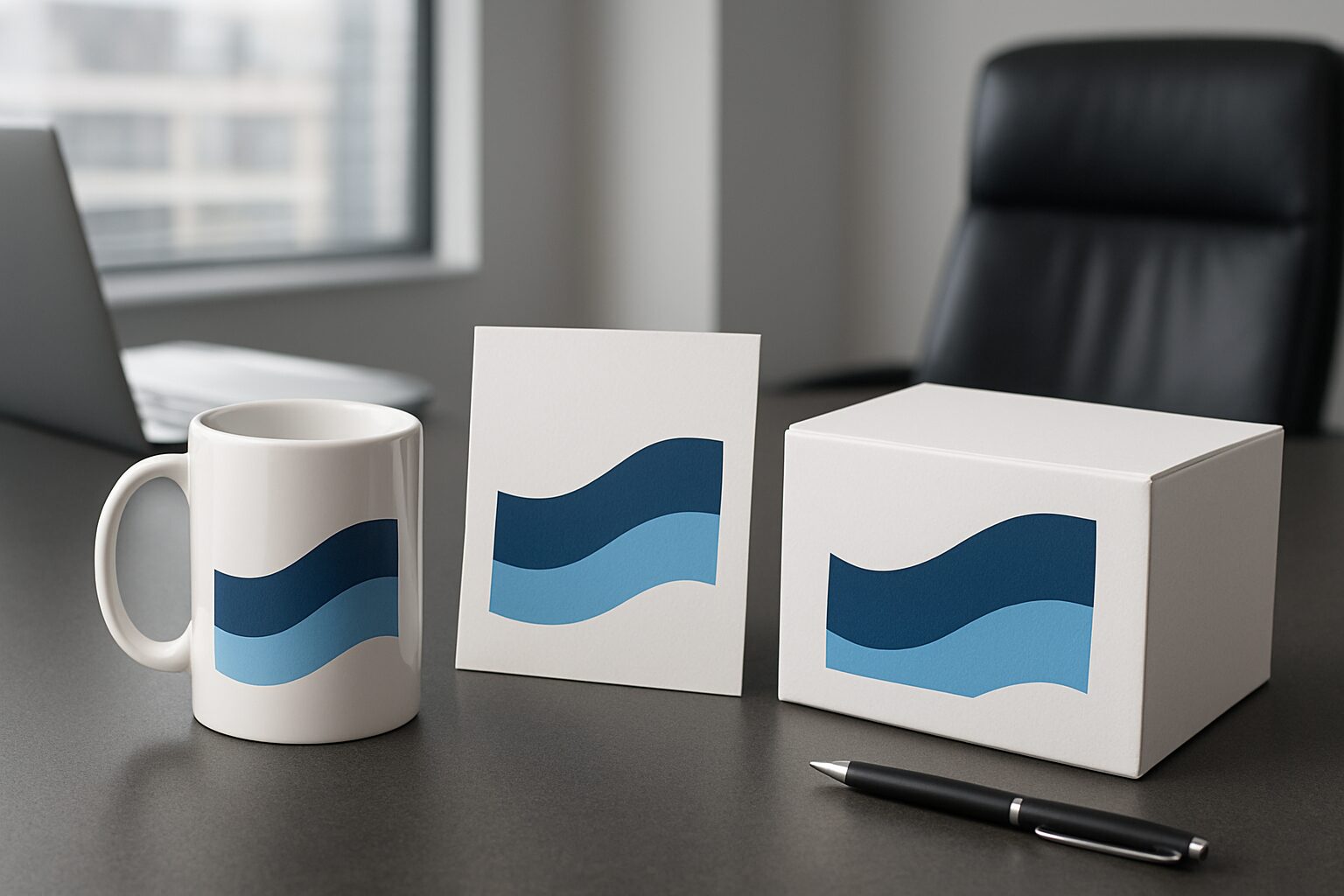 A white coffee mug, a greeting card, and a box with blue wave designs on a table in an office setting.