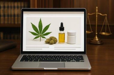 A laptop displaying cannabis products, including a leaf, oil, and a container, on a desk with scales in the background.