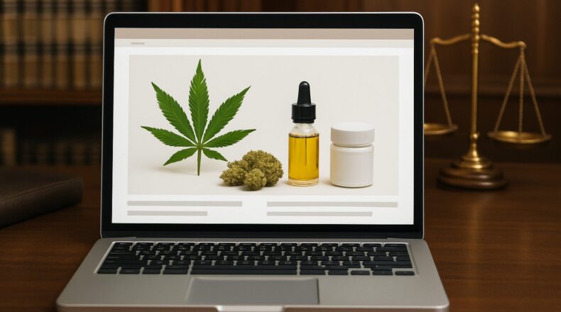 A laptop displaying cannabis products, including a leaf, oil, and a container, on a desk with scales in the background.