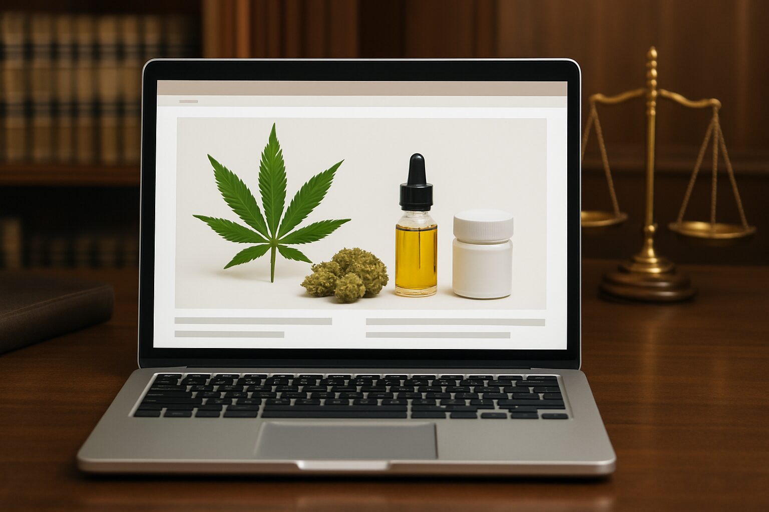 A laptop displaying cannabis products, including a leaf, oil, and a container, on a desk with scales in the background.
