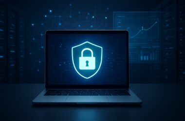 A laptop displaying a digital lock symbol on a dark background, representing cybersecurity and data protection.