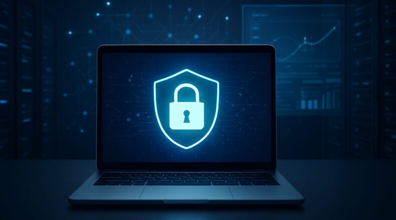 A laptop displaying a digital lock symbol on a dark background, representing cybersecurity and data protection.