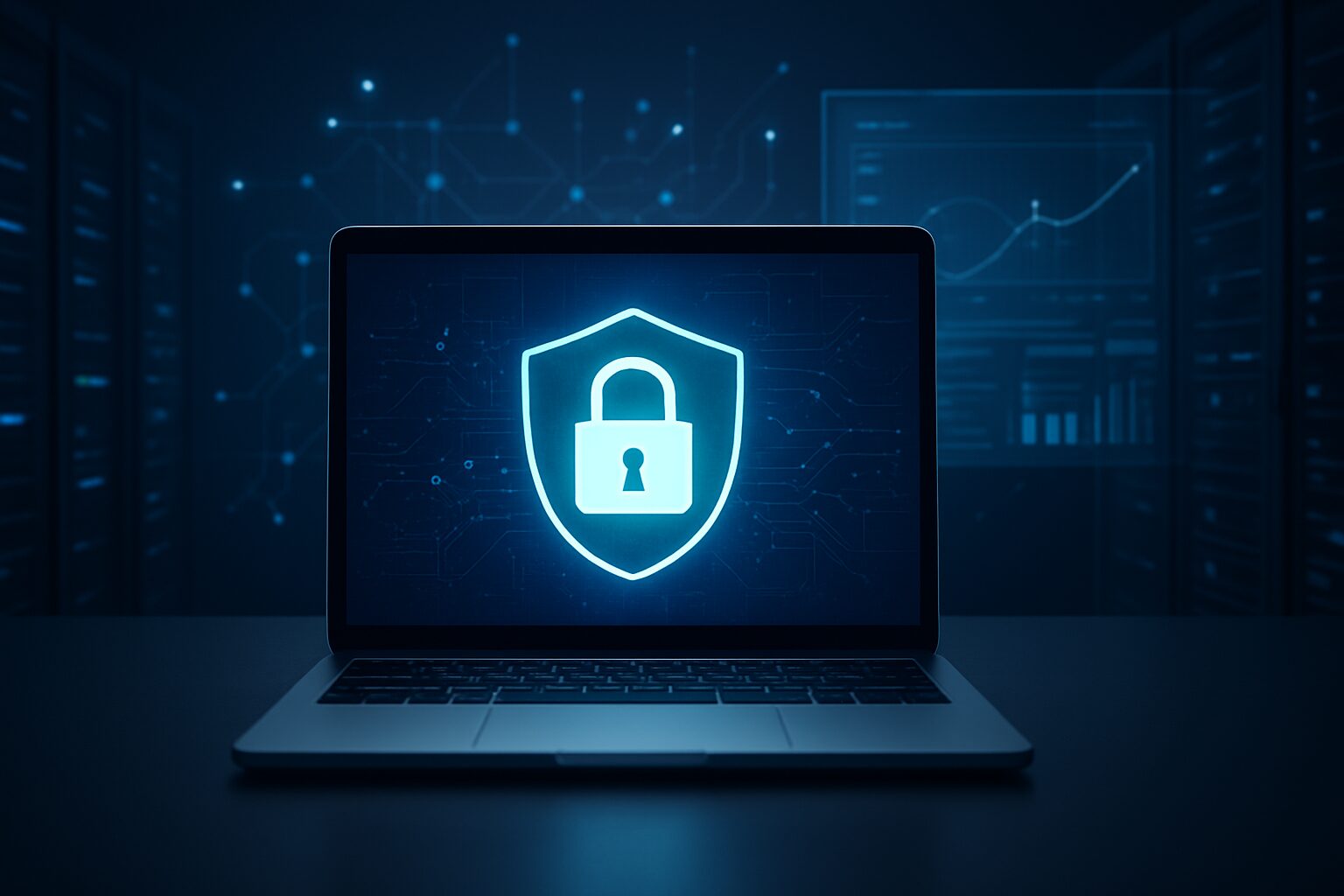 A laptop displaying a digital lock symbol on a dark background, representing cybersecurity and data protection.
