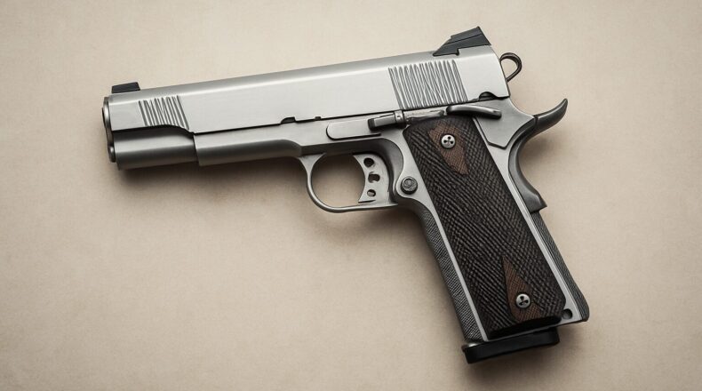 A custom made semi-automatic pistol on a neutral background.