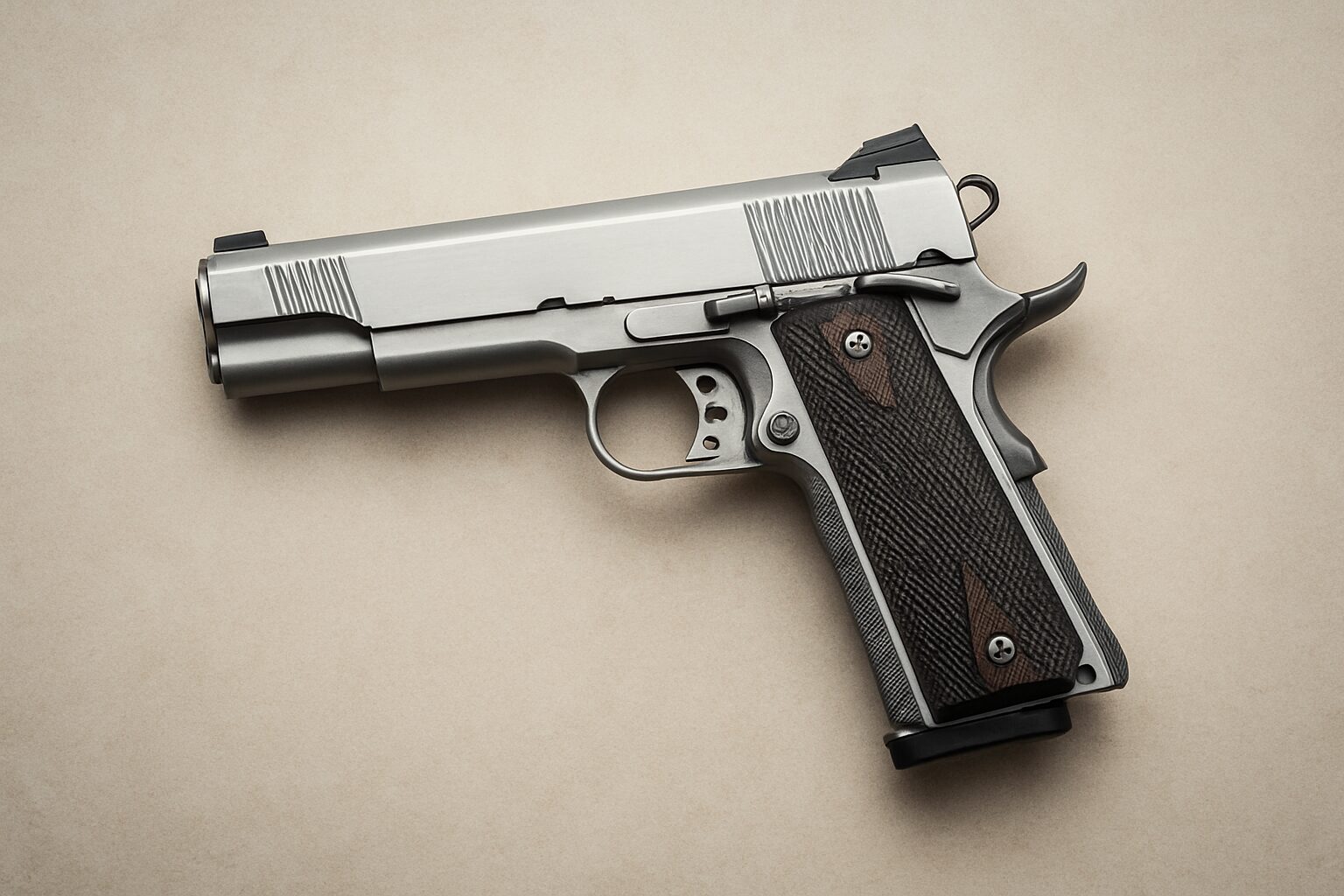 A custom made semi-automatic pistol on a neutral background.