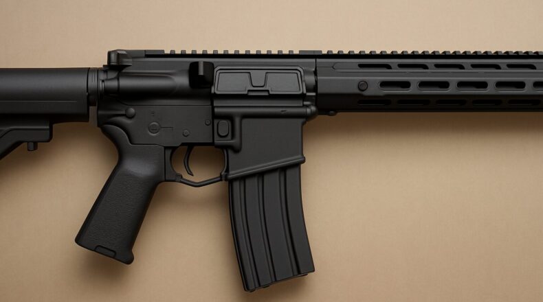 Side view of a black AR-10 rifle on a neutral background