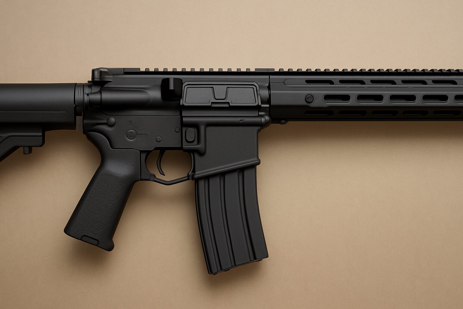 Side view of a black AR-10 rifle on a neutral background